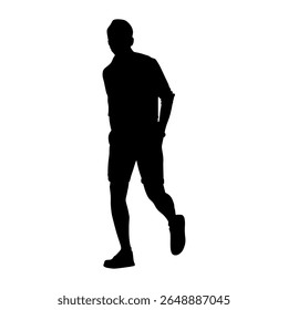  Full-length silhouette of a man standing with hands in his pockets, isolated on a white background.