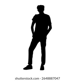  Full-length silhouette of a man standing with hands in his pockets, isolated on a white background. vector illustration.