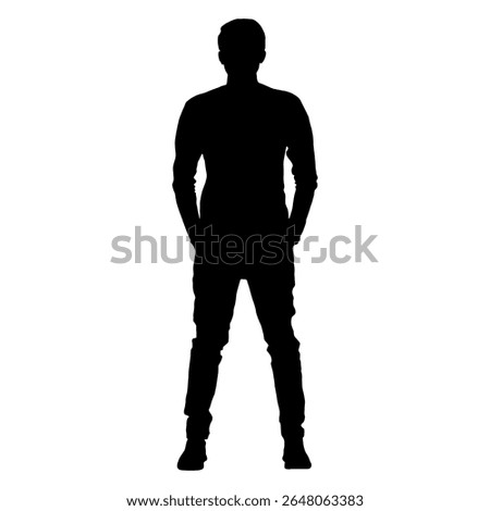  Full-length silhouette of a man standing with hands in his pockets, isolated on a white background. vector illustration.