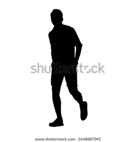 Full-length silhouette of a man standing with hands in his pockets, isolated on a white background.