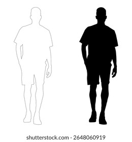  Full-length silhouette of a man walking or standing, with one hand in his pocket, isolated on a white background. vector illustration.