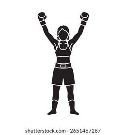 Silhueta completa de uma pugilista feminina vitoriosa com luvas de boxe nas mãos, levantando os braços, vestindo shorts de boxe e um top, de pé em triunfo contra um pano de fundo transparente.