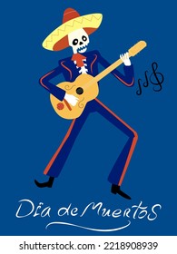 A full-length skeleton playing a guitar in a sambrero on a blue background. Vector musician for the day of the dead in Mexico. Dia de Muertos lettering.