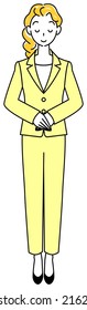 Full-length standing figure of a pretty woman in a suit bowing with her head slightly bowed. Illustration of hands folded with right hand on top Vector