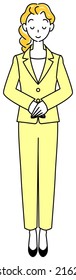 Full-length standing figure of a pretty woman in a suit bowing with her head slightly bowed. Illustration of hands folded with left hand on top Vector
