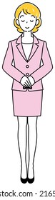 Full-length standing figure of a pretty woman in a suit bowing with her head slightly bowed. Illustration of hands folded with right hand on top Vector