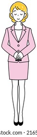 Full-length standing figure of a pretty woman in a suit bowing with her head slightly bowed. Illustration of hands folded with left hand on top Vector
