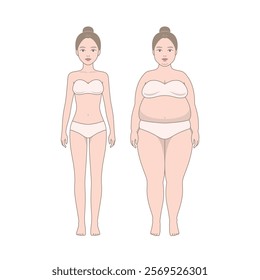 Full-length standing portrait of female body losing weight. Comparison of weight changes., Women's body changes before and after fitness.