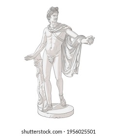 Full-length statue of Apollo Belvedere. Vector illustration in a line art style with engraving hatching and tonal separation into light, shadow. EPS 10. The idea for a print on a T-shirt, bag, poster.