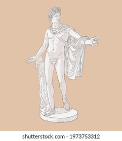 Full-length statue of Apollo Belvedere. Vector illustration in a line art style with tonal separation into light, shadow. EPS 10. The idea for a print on a T-shirt, bag, poster. Light brown background