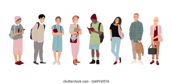 Full-length students, multicultural students in flat style. Boys and girls are holding bags, phones and books. Happy and joyful teens, students. Isolated people. Fashion teens, Vector illustration 