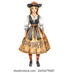 A full-length watercolor painting depicts a woman in traditional German clothing, including a hat, dress, and shoes. She is smiling.