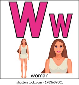 A full-length woman and a portrait. the letter w. Children's alphabet