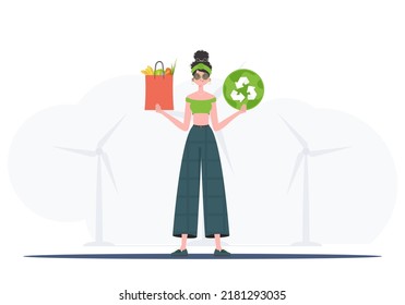 A full-length woman is shown holding an EKO icon and a bag of proper nutrition. Healthy food, ecology, recycling and zero waste concept. Flat trendy style. Vector.