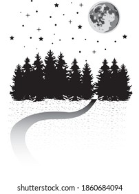 Fullmoon And Forest And Stars Black And White Vector Illustration Of Winter Night Landscape