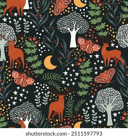 Full-Moon forest: Whimsical Woodland Nightscape with Deer and Moths