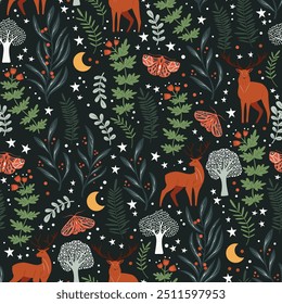 Full-Moon forest: Whimsical Woodland Nightscape with Deer and Moths