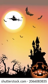 fullmoon Halloween Portrait Vector and Illustration Background ,Witch Flyer Poster ,Creative Halloween Cover With Covid 19 Vaccine and More Sign and Symbols