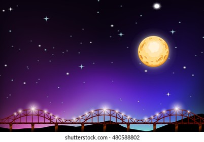 Noche de luna llena sobre la ilustración del puente