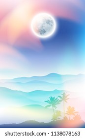 Fullmoon and palm tree and mountains in the fog