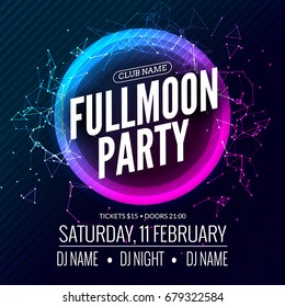 Fullmoon Party Design Flyer. Disco Party Night. Vector Dance Poster Template. Moon Light Illustration