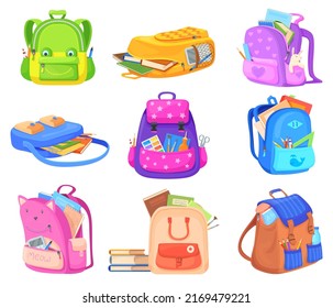 Fullness school knapsack. Stationary open schoolbag supply stationery students elements, children rucksack kids backpack full study accessories equipment, vector illustration. Rucksack and knapsack