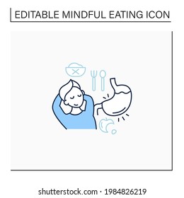 Fullness signals line icon. Full stomach. Satisfied feeling.Eating intuitively. Conscious nutrition. Mindful eating concept. Isolated vector illustration.Editable stroke