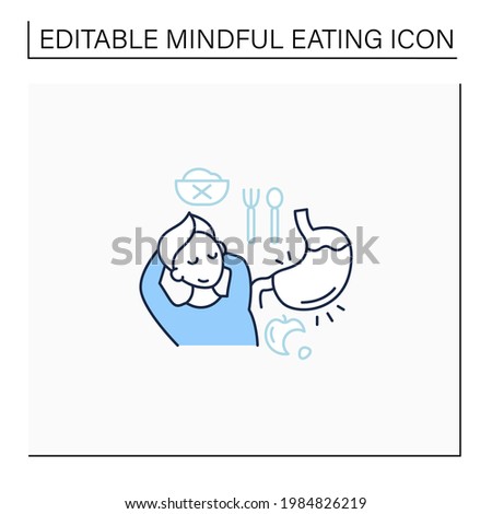 Fullness signals line icon. Full stomach. Satisfied feeling.Eating intuitively. Conscious nutrition. Mindful eating concept. Isolated vector illustration.Editable stroke