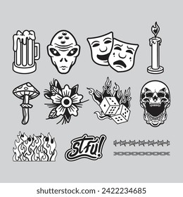 Diseño de vectores de conjunto de tatuajes en blanco negro