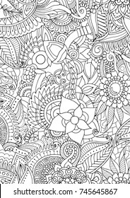 Fullpage A4 zentangle texture background. Adult colouring book page of abstract flowers leaves and plants