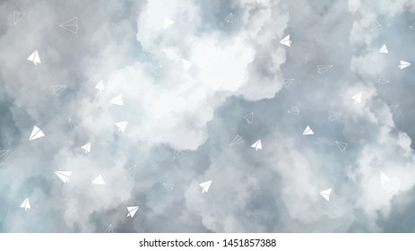 Fullscreen abstract illustration of sky with cloud and paper planes. Watercolor hand drawn paint illustration background. Abstract hand painted stain daub header cloud airpalne background.