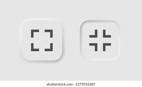 Vollbild-Taste im Stil der Lungenorphie. Symbole für Unternehmen, weiße Benutzeroberfläche, UX. Fenstersymbol erweitern. Quadratische Form mit Pfeilen, Abnahme. Neumorpher Stil. 