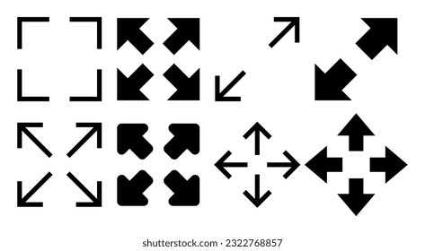 Icono de pantalla completa. Expandir a símbolo y signo de pantalla completa. Símbolo de flechas