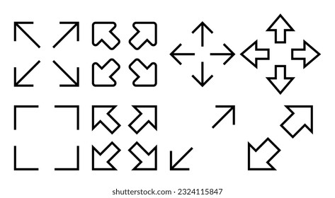 Icono de pantalla completa. Expandir a símbolo y signo de pantalla completa. Símbolo de flechas