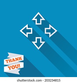 Fullscreen sign icon. Arrows symbol. Icon for App. White flat icon with long shadow. Paper ribbon label with Thank you text. Vector
