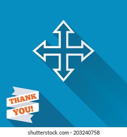 Fullscreen sign icon. Arrows symbol. Icon for App. White flat icon with long shadow. Paper ribbon label with Thank you text. Vector