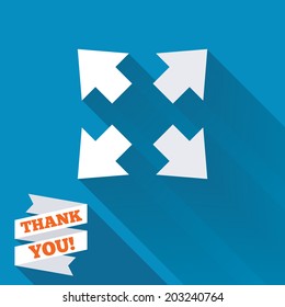 Fullscreen sign icon. Arrows symbol. Icon for App. White flat icon with long shadow. Paper ribbon label with Thank you text. Vector