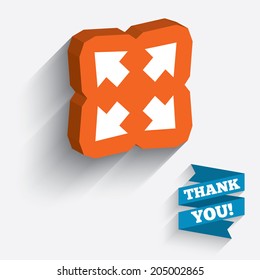 Fullscreen sign icon. Arrows symbol. Icon for App. White icon on orange 3D piece of wall. Carved in stone with long flat shadow. Vector