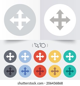 Fullscreen sign icon. Arrows symbol. Icon for App. Round 12 circle buttons. Shadow. Hand cursor pointer. Vector