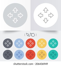 Fullscreen sign icon. Arrows symbol. Icon for App. Round 12 circle buttons. Shadow. Hand cursor pointer. Vector