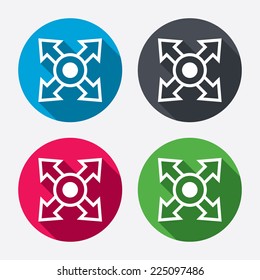 Fullscreen sign icon. Arrows symbol. Icon for App. Circle buttons with long shadow. 4 icons set. Vector