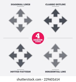 Fullscreen sign icon. Arrows symbol. Icon for App. Diagonal and horizontal lines, classic outline, dotted texture. Pattern design icons.  Vector