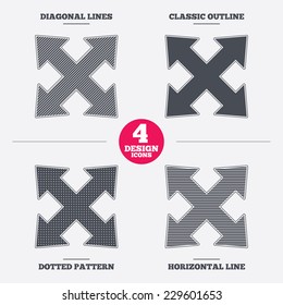 Fullscreen sign icon. Arrows symbol. Icon for App. Diagonal and horizontal lines, classic outline, dotted texture. Pattern design icons.  Vector