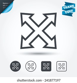 Fullscreen sign icon. Arrows symbol. Icon for App. Circle and square buttons. Flat design set. Thank you ribbon. Vector