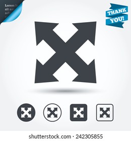 Fullscreen sign icon. Arrows symbol. Icon for App. Circle and square buttons. Flat design set. Thank you ribbon. Vector