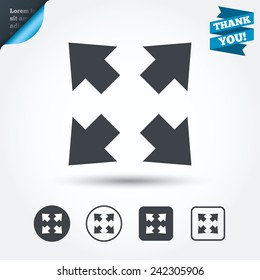 Fullscreen sign icon. Arrows symbol. Icon for App. Circle and square buttons. Flat design set. Thank you ribbon. Vector