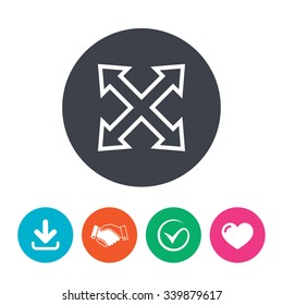 Fullscreen sign icon. Arrows symbol. Icon for App. Download arrow, handshake, tick and heart. Flat circle buttons.
