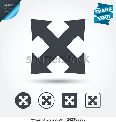 Fullscreen sign icon. Arrows symbol. Icon for App. Circle and square buttons. Flat design set. Thank you ribbon. Vector