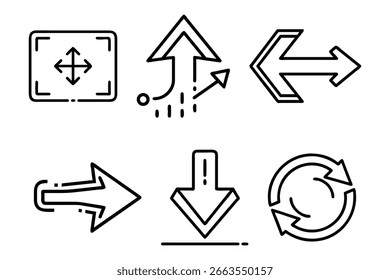 Pantalla completa, flecha estratégica, flecha izquierda, flecha derecha, Descarga y refrescar iconos de línea