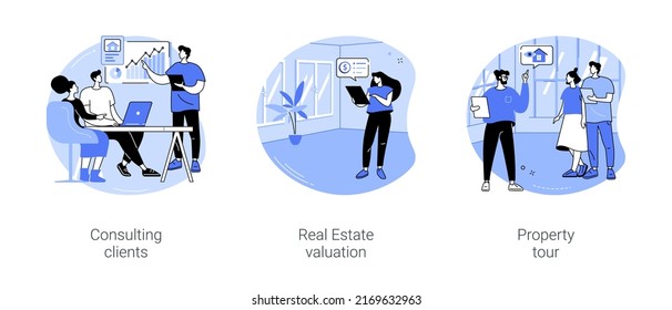 Full-service real estate firm isolated cartoon vector illustrations set. Broker consulting client in the office, real estate valuation, comparative market analysis, B2B property tour vector cartoon.